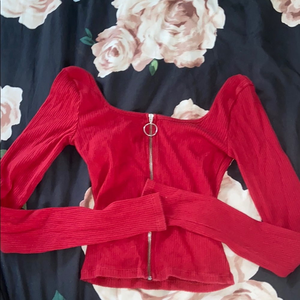 Zip up, off the shoulder red long sleeve!